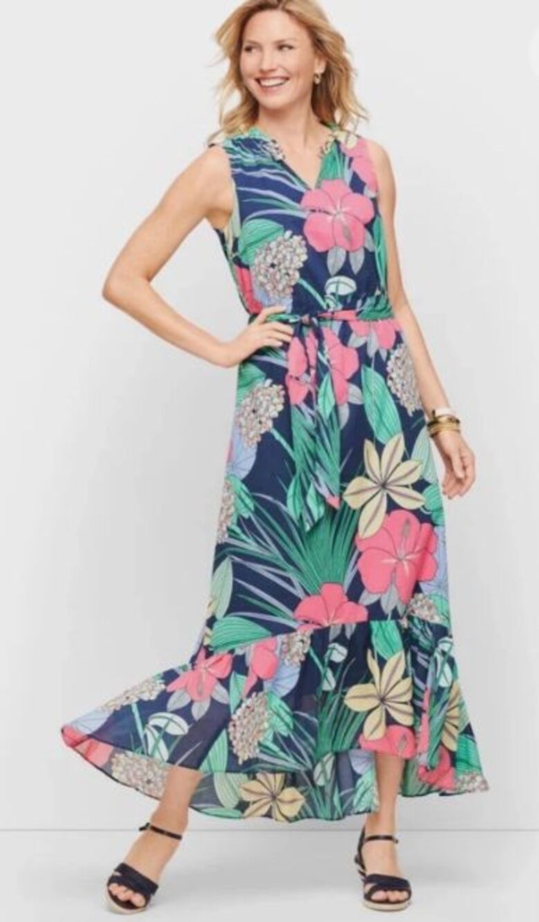 Talbots Voile Hibiscus Maxi Dress 14P Sleeveless Ruffle Hem Gardencore Spring